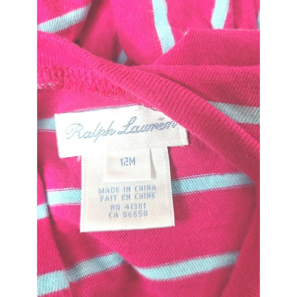 GIRL'S 12 MTHS RALPH LAUREN POLO Bright PINK BLUE STRIPED SS TENNIS DRESS POCKET - Picture 5 of 5